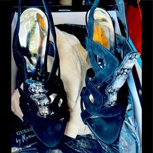 Marciano black suede jeweled open toe heel